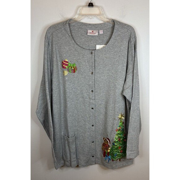 QUAKER FACTORY Embellished Christmas Gray Snap Front Sweatshirt 2X Holiday Tree - Picture 2 of 16